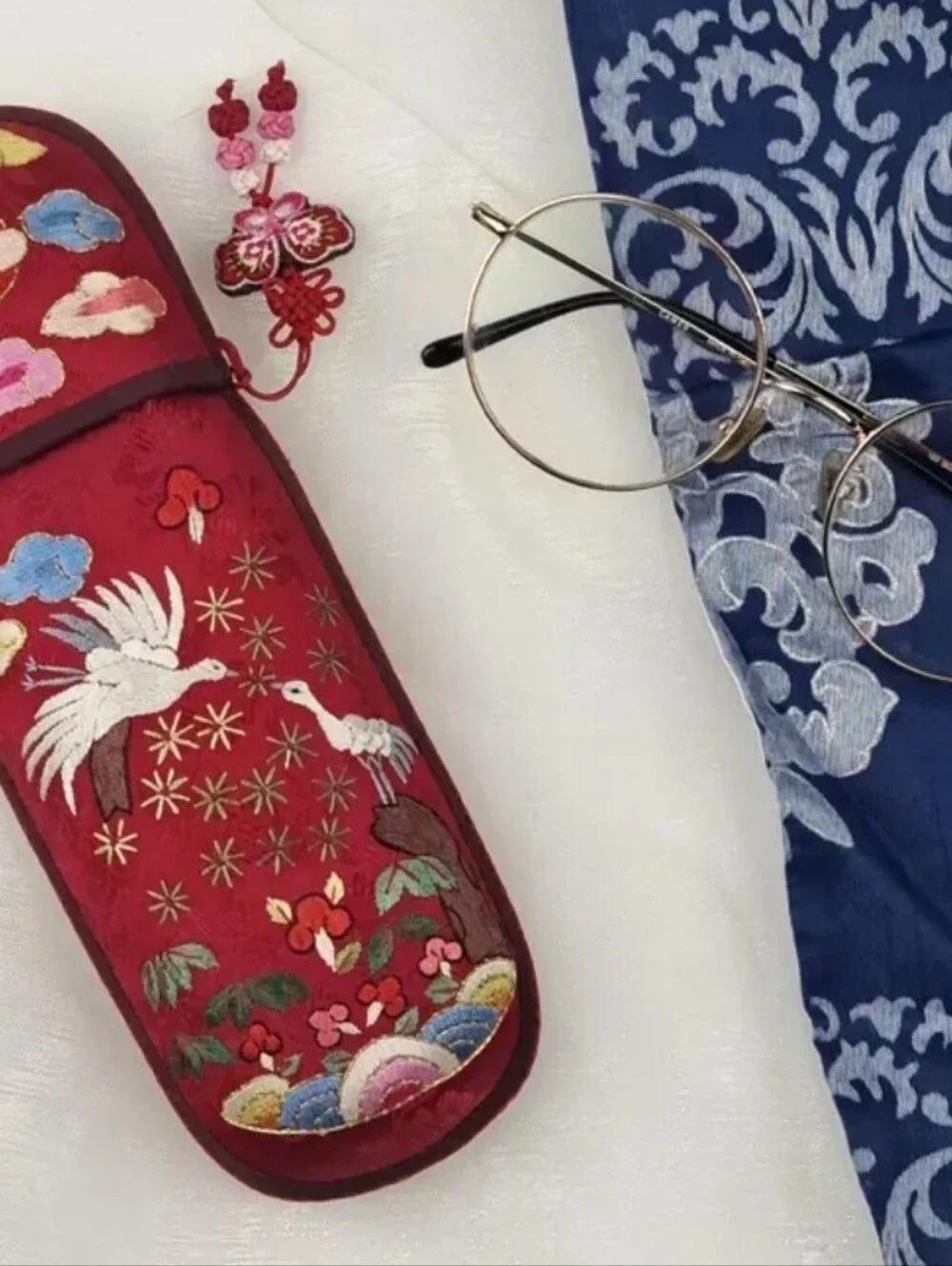 Cranes Embroidered Korean Glasses Case, Fortune Symbols Embroidered Eyewear